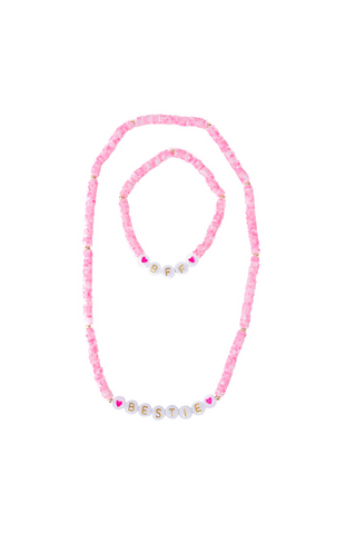 Great Pretenders Bestie Necklace & Bracelet Set
Pink beaded necklace with 'BESTIE' pendant on a white background