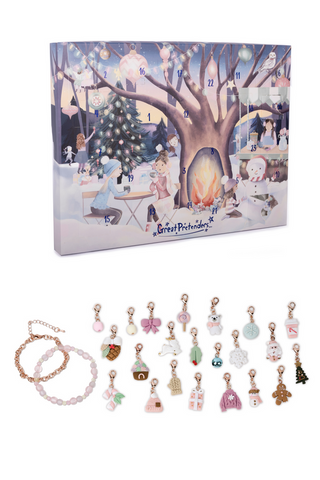 Great Pretenders Build a Bracelet Advent Calendar Set - Cozy Christmas
Advent calendar with illustrations of characters around a Christmas tree, followed by a display of jewelry charms and bracelets.