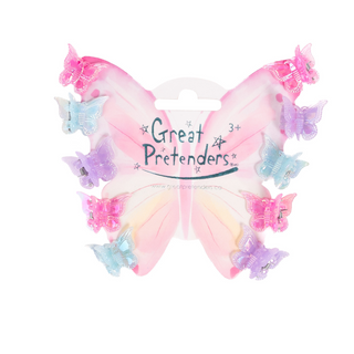 Set of 10 Great Pretenders fancy flutter mini hair clips with colorful, decorative designs for children's hairstyles.