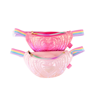 Great Pretenders Heartstrings Puffy Fanny Pack
Two pink fanny packs with rainbow straps on a white background