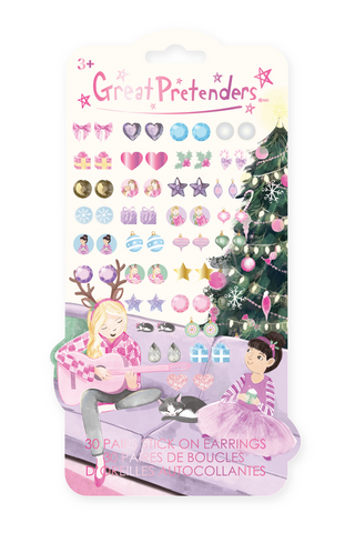 Great Pretenders Holiday Stick on Earring Set
Pack of Great Pretenders stick-on earrings with Christmas tree and children on a couch design.
