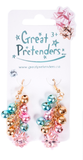 Great Pretenders Jingle all the Way Earrings  Pink Teal Gold 
Pair of earrings on 'Great Pretenders' packaging with colorful beads and floral designs.