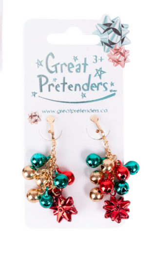 Great Pretenders Jingle all the Way Earrings  Red Green Gold Pair of earrings on 'Great Pretenders' packaging with colorful beads and floral designs.