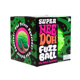 Green Nee Doh Super Fuzz Ball
Box of Super Nee Doh Fuzz Ball with green fuzzy ball and colorful text on a white background