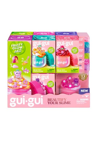 Gui Gui™ Surprise Slime Kit with Mini Figure & Charms Series 2: Fruity Edit
gui-gui slime packaging with colorful boxes on a white background