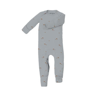 Gunamuna Convertible Pajama - Moose
A baby long-sleeve footless one-piece sleeper in light gray with a small brown horse print, shown flat on a white background.