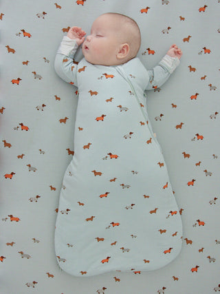 Gunamuna Swaddle Sleep Sack 1.0 TOG - Woof
A sleeping baby lying on their back, swaddled in a pale blue long-sleeve sleep sack with a small brown dachshund pattern, set against a matching patterned sheet.