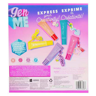Gen Me Create Lip Gloss Charm Kit
Back of a Gen Me Express your Creativity! box showing colorful toy charm and lip gloss tube illustrations on a pink and purple gradient background.