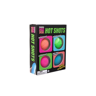 Schylling NeeDoh Teenie Hot Shot 4 Pack of squishy stress toys with colorful, textured designs for sensory play and stress relief.