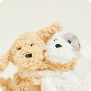 Warmies Puppy Hugs
Two plush toy dogs, one beige and one white, on a light background