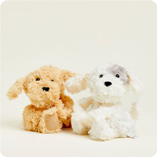 Warmies Puppy Hugs
Two plush toys, one brown and one white with gray fur, on a light background