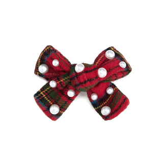 Sweet Wink Christmas tartan pearl bow clip with a festive red and green plaid pattern, featuring a pearl accent for holiday hair accessories.
