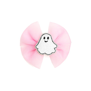 Sweet Wink Coquette Tulle Ghost Bow Halloween Clip
Pink scrunchie with a ghost charm on a white background