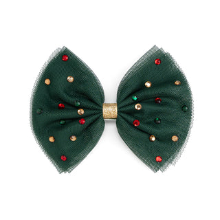 Sweet Wink emerald rhinestone Christmas tulle bow clip, a festive hair accessory with sparkling embellishments and soft tulle fabric.