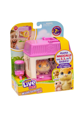 Hamster Little Live Pets™ Mama Surprise Minis PlaysetToy packaging for a 'Live Pets' product with a pink and yellow design.