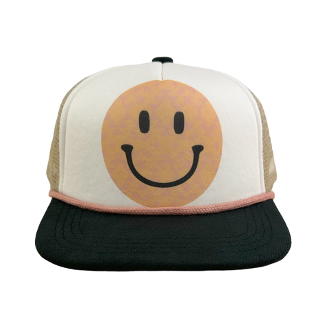 Tiny Whales Happy Camper Natural / Black Trucker Hat Smiley