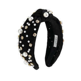 Sweet Wink Black Pearl Gemstone Headband
Black headband with pearl and gemstone embellishments on a white background