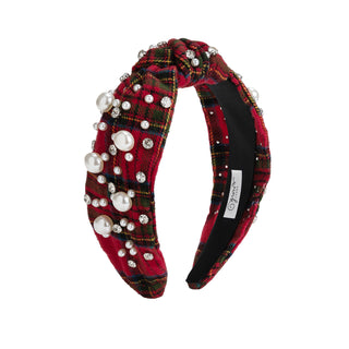Sweet Wink Christmas tartan pearl headband featuring festive red and green plaid fabric with pearl accents for holiday wear.