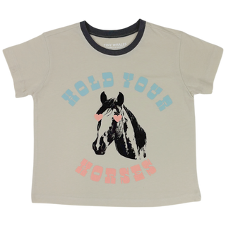 Tiny Whales Hold Your Horses Girl Super Tee - Parchment
Children's t-shirt with horse graphic and text on a beige background