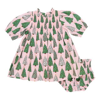 Pink Chicken Baby Girls Stevie Puff Sleeve Dress Set - Pink Trees