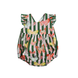 Hollis Baker Josie Bubble - Butterfly Green
Baby romper with butterfly and striped pattern on a white background