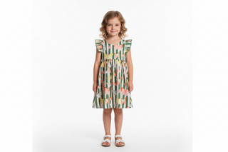 Hollis Baker Josie Dress - Butterfly GreenYoung girl wearing a floral dress on a white background