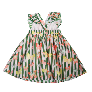Hollis Baker Josie Dress - Butterfly Green
Children's dress with butterfly and stripe pattern on a white background