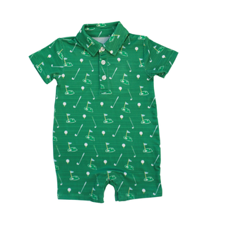 Hollis Baker Knox Romper - Golf
Green baby romper with golf pattern on a white background