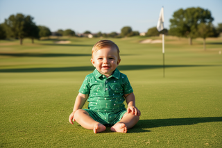 Hollis Baker Knox Romper - Golf
Child in a green outfit sitting on a golf course with trees in the background