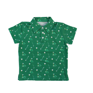Hollis Baker Kyle Polo - Golf
Green polo shirt with golf pattern on a white background