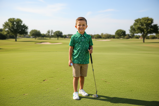 Hollis Baker Kyle Polo - Golf
Green polo shirt with golf pattern on a white background