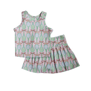 Hollis Baker Sarah Set - Tennis
Children's dress set with pink and green pattern on a white background