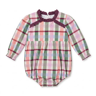 Hollis Baker Scarlett Bubble - Autumn Plaid
A long-sleeve baby romper with a pastel plaid pattern in pink, green, and white, featuring a dark purple ruffled collar and shoulder straps, displayed on a clean white background.
