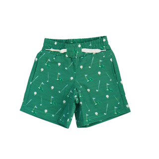 Hollis Baker Teller Swim Trunks - Golf
Green shorts with golf pattern on a white background