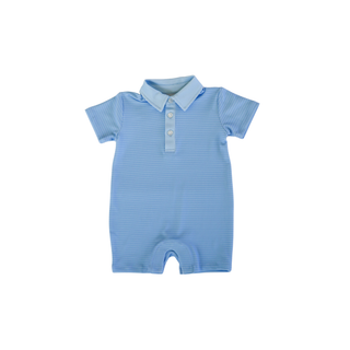 Hollis Baker Tripp Romper - Blue Stripe
Blue striped baby romper with collar on a white background