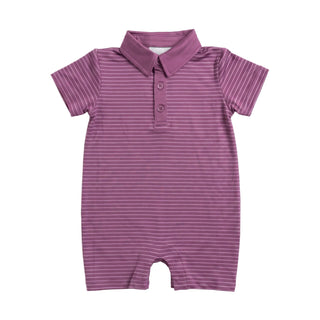 Hollis Baker Tripp Romper - Plum Stripe
A baby short-sleeve polo romper in a dusty purple color with thin white horizontal stripes, featuring a three-button placket and a collar, laid flat on a white background.