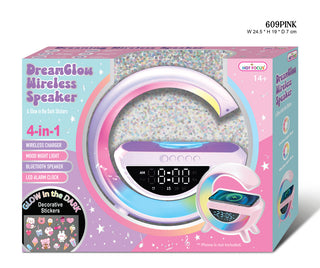 Pink Hot Focus DreamGlow wireless speaker with LED lights, compact design, and built-in controls for portable music playback.