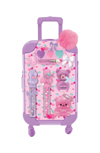 Hot Focus Mini Luggage Beauty makeup set in cherry red with compact design and multiple makeup products inside.
