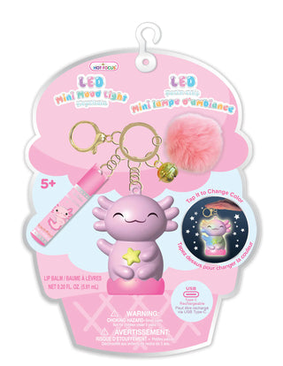 Hot Focus Mini Mood Light Keychain - Critters 
Pink LED toy with keychain and lip balm on a pink packaging