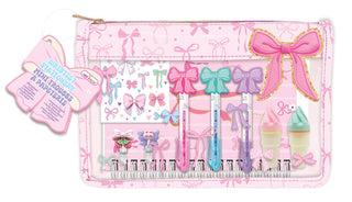 Hot Focus Wristlet Stationary - Bowtiful
Stationery set with pens, markers, and a pouch featuring bow designs on a white background.