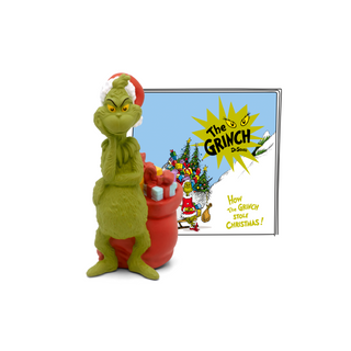 Tonies Character: Dr. Seuss: How The Grinch Stole Christmas!
Plush toy of a green character with red pants and a Santa hat, standing next to a book cover featuring 'The Grinch'.