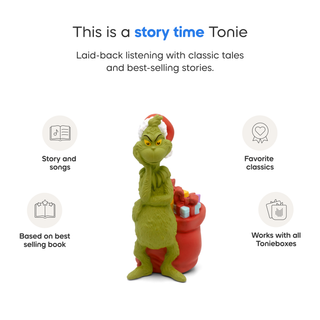 Tonies Character: Dr. Seuss: How The Grinch Stole Christmas!
Toy figure of a green character with a red hat, holding books, on a white background with text about 'story time Tonie'.