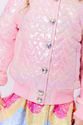 Lola and The Boys I Love You Hologram Jacket
Close-up of a pink quilted jacket with sequin embellishments on a white background