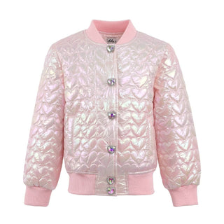 Lola and The Boys I Love You Hologram Jacket
Pink quilted jacket with iridescent buttons on a white background