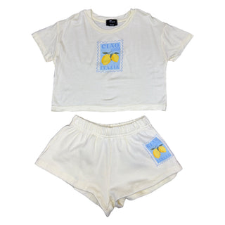 FBZ Ciao Italia Yellow Boxy Tee
White t-shirt and shorts set with lemon design on a white background