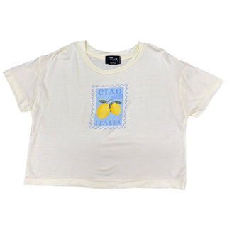 FBZ Ciao Italia Yellow Boxy Tee
White t-shirt with lemon design and 'CIAO ITALIA' text on a white background