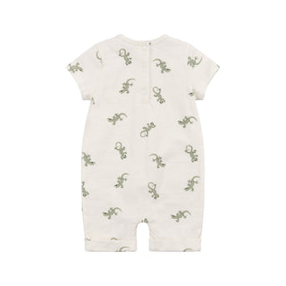 Miles the Label Gecko Off White Pocket Romper for kids, featuring short sleeves and a front pocket, made from comfortable fabric.