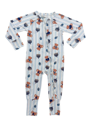 In My Jammers Hanukkah Bears Zipper Romper
Baby onesie with teddy bear and striped pattern on a white background