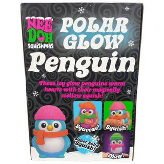 NeeDoh Squishmas Polar Glow Penguin (2026)
Nee Doh Squishmas Polar Glow Penguin toy packaging box, featuring a blue and white penguin wearing a pink hat and orange scarf, with text indicating squeeze, squish, and glow features.