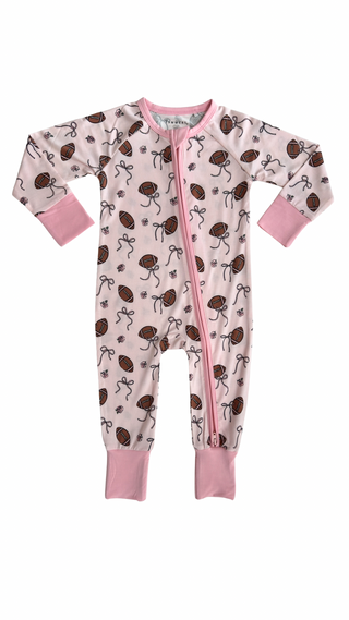In My Jammers Blush Football Zipper Romper
Children's onesie with hedgehog pattern and pink accents on a white background